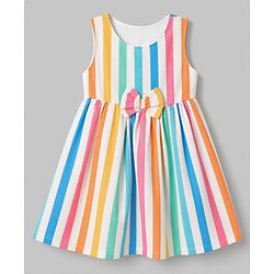 Babyhug Cotton Woven Sleeveless Striped Printed Dress With Bow Applique - White