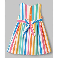 Babyhug Cotton Woven Sleeveless Striped Printed Dress With Bow Applique - White
