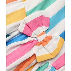 Babyhug Cotton Woven Sleeveless Striped Printed Dress With Bow Applique - White