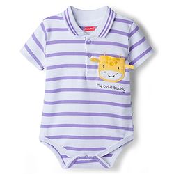 Babyhug 100% Cotton Knit Half Sleeves Striped Onesie with Giraffe Patch Detailing - Multicolor
