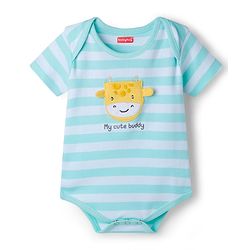 Babyhug 100% Cotton Knit Half Sleeves Striped Onesie with Giraffe Patch Detailing - Multicolor