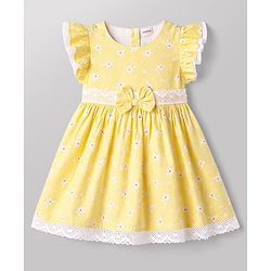 Babyhug 100% Cotton Woven Half Frill Sleeves Floral Printed Frock With Bow Applique & Lace Detailing - Yellow