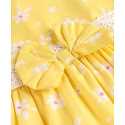 Babyhug 100% Cotton Woven Half Frill Sleeves Floral Printed Frock With Bow Applique & Lace Detailing - Yellow