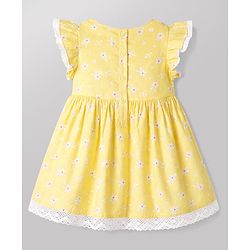 Babyhug 100% Cotton Woven Half Frill Sleeves Floral Printed Frock With Bow Applique & Lace Detailing - Yellow