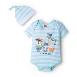 Babyhug 100% Cotton Knit Half Sleeves Striped Onesie with Cap & Animal Print - Multicolor