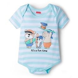 Babyhug 100% Cotton Knit Half Sleeves Striped Onesie with Cap & Animal Print - Multicolor