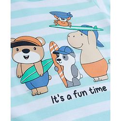 Babyhug 100% Cotton Knit Half Sleeves Striped Onesie with Cap & Animal Print - Multicolor