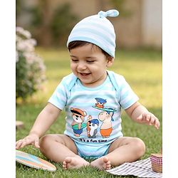Babyhug 100% Cotton Knit Half Sleeves Striped Onesie with Cap & Animal Print - Multicolor