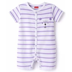Babyhug 100% Cotton Interlock Knit Half Sleeves Striped Romper With Bear Print - Multicolor