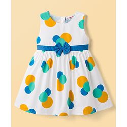 Babyhug Woven Sleeveless Frock with Polka Dot Print & Bow Applique - Multicolor