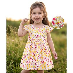 Babyhug Rayon Woven Half Sleeves  Floral Printed Frock with Bow Applique- Yellow