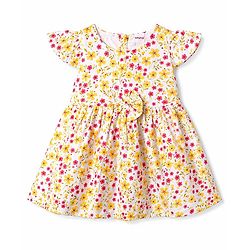 Babyhug Rayon Woven Half Sleeves  Floral Printed Frock with Bow Applique- Yellow