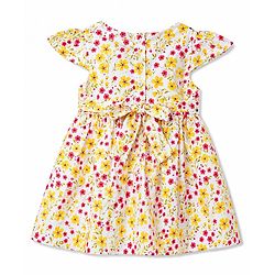Babyhug Rayon Woven Half Sleeves  Floral Printed Frock with Bow Applique- Yellow