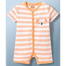 Babyhug 100% Cotton Knit Half Sleeves Striped Koala Printed Romper - Multicolor