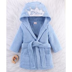 Babyhug Knit Terry Microfiber Unisex Bath Robe With Hood & Prince Embroidery - Blue