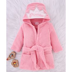 Babyhug Microfiber Knit Full Sleeves Princess   Embroidered Terry Hooded Bath Robe - Pink