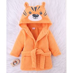 Babyhug Knit Microfiber Tiger Print Unisex Terry Bath Robe With Hood & Embroidery - Orange