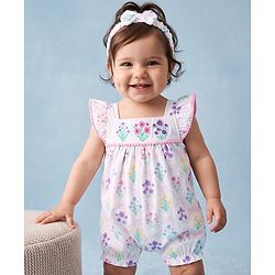 Babyhug 100% Cotton Knit Sleeveless Floral Printed Romper With Headband - Multicolor