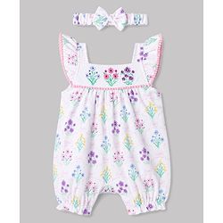 Babyhug 100% Cotton Knit Sleeveless Floral Printed Romper With Headband - Multicolor
