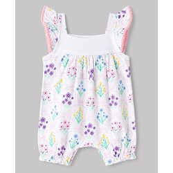 Babyhug 100% Cotton Knit Sleeveless Floral Printed Romper With Headband - Multicolor