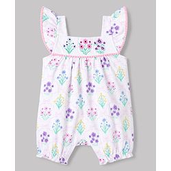 Babyhug 100% Cotton Knit Sleeveless Floral Printed Romper With Headband - Multicolor