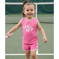 Babyhug Terry Knit Sleeveless Top & Shorts Set with Text Print - Pink