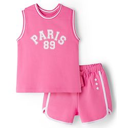 Babyhug Terry Knit Sleeveless Top & Shorts Set with Text Print - Pink
