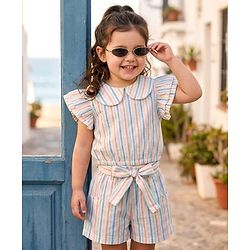 Babyhug Seer-Sucker Woven Half Sleeves Striped Top & Shorts Set With Belt - Multicolor