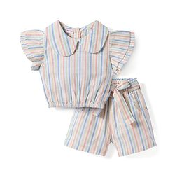 Babyhug Seer-Sucker Woven Half Sleeves Striped Top & Shorts Set With Belt - Multicolor