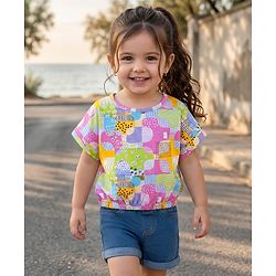 Babyhug Single Jersey Knit Half Sleeves Printed Top & Denim Shorts Set - Multicolor