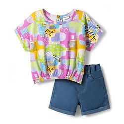 Babyhug Single Jersey Knit Half Sleeves Printed Top & Denim Shorts Set - Multicolor