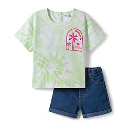 Babyhug Single Jersey Knit Half Sleeves Top & Denim Shorts Set With Beach Print - Light Green & Blue