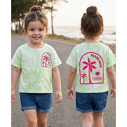 Babyhug Single Jersey Knit Half Sleeves Top & Denim Shorts Set With Beach Print - Light Green & Blue