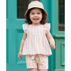 Babyhug Seer-Sucker Woven Half Sleeves Striped Top & Shorts Set With Belt - Multicolor