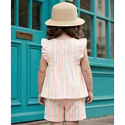 Babyhug Seer-Sucker Woven Half Sleeves Striped Top & Shorts Set With Belt - Multicolor