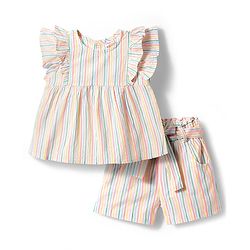 Babyhug Seer-Sucker Woven Half Sleeves Striped Top & Shorts Set With Belt - Multicolor