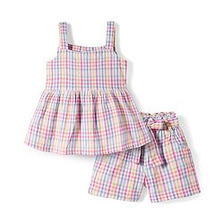 Babyhug Seer-Sucker Woven Sleeveless Striped Top & Shorts Set With Belt - Multicolor
