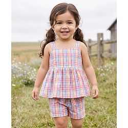 Babyhug Seer-Sucker Woven Sleeveless Striped Top & Shorts Set With Belt - Multicolor