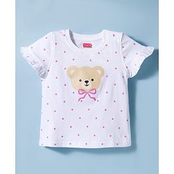 Babyhug Cotton Knit Half Sleeves T-Shirt & Shorts Night Suit with Bear Print & Bow Applique - Pink & White