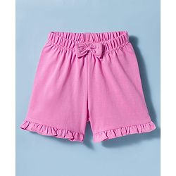 Babyhug Cotton Knit Half Sleeves T-Shirt & Shorts Night Suit with Bear Print & Bow Applique - Pink & White