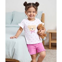 Babyhug Cotton Knit Half Sleeves T-Shirt & Shorts Night Suit with Bear Print & Bow Applique - Pink & White