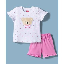 Babyhug Cotton Knit Half Sleeves T-Shirt & Shorts Night Suit with Bear Print & Bow Applique - Pink & White