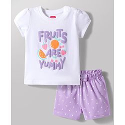 Babyhug Cotton Knit Half Sleeves T-Shirt & Shorts Night Suit With Fruits & Polka Dot Print - White