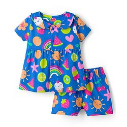 Babyhug Cotton Knit Half Sleeves Co-ords T-Shirt & Shorts Night Suit with Tropical Theme Print - Blue