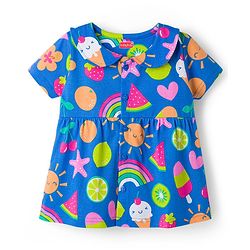 Babyhug Cotton Knit Half Sleeves Co-ords T-Shirt & Shorts Night Suit with Tropical Theme Print - Blue