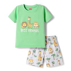 Babyhug Cotton Knit Half Sleeves Animal Printed T-Shirt & Shorts Night Suit - Light Green