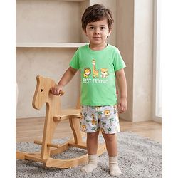 Babyhug Cotton Knit Half Sleeves Animal Printed T-Shirt & Shorts Night Suit - Light Green
