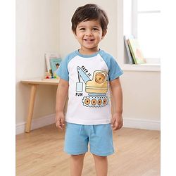 Babyhug Cotton Knit Half Raglan Sleeves T-Shirt & Shorts Night Suit with Crane Print - White