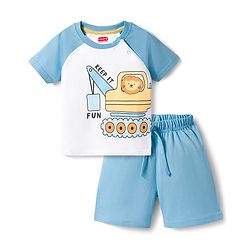 Babyhug Cotton Knit Half Raglan Sleeves T-Shirt & Shorts Night Suit with Crane Print - White