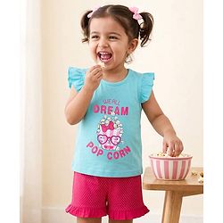 Babyhug Cotton Knit Half Sleeves Popcorn Printed T-Shirt & Shorts Night Suit With Polka Dots Print - Light Blue & Pink